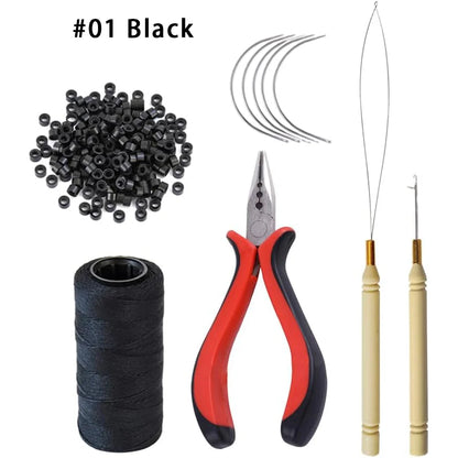 Hair Extensions Tool Kit: 1 three hole hair clipper, 1 roll sewing thread, 1 crochet hook, 5 sewing needles, 1 bead machine, 250 Zenn Organics Inc