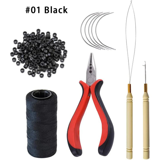 Hair Extensions Tool Kit: 1 three hole hair clipper, 1 roll sewing thread, 1 crochet hook, 5 sewing needles, 1 bead machine, 250 Zenn Organics Inc