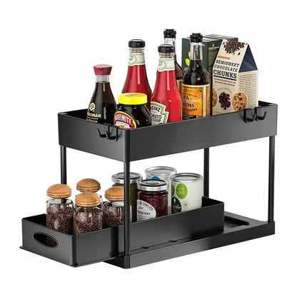 2 Tier Under Sink Organizer Sliding Cabinet Basket Organizer Storage Rack with Hooks Hanging Cup Bathroom Kitchen Organizer Zenn Organics Inc