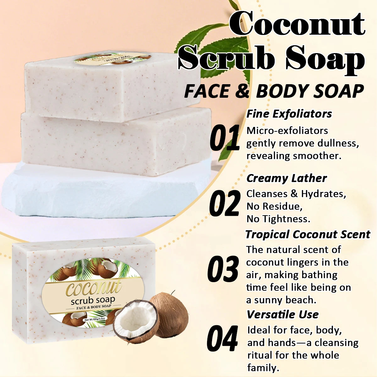 Coconut Scrub Soap Handmade Exfoliating Bath Soap Face & Body Cleanser Long-Lasting Moisturizing Soap Remove Dead Skin Zenn Organics Inc