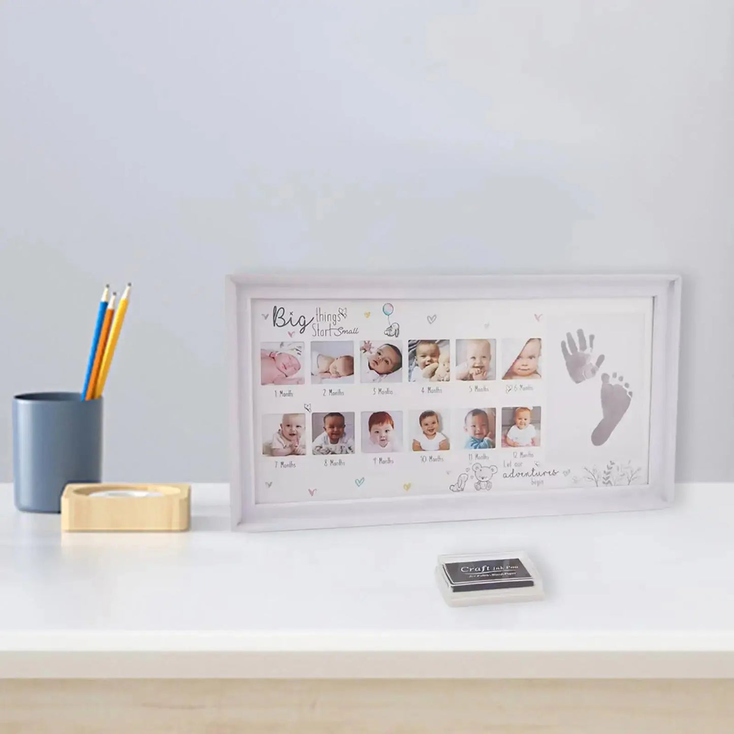 Baby Photo Frame Newborn DIY 0-12 Month Kids Gift My First Year Baby Shower Picture Frame with Ink Pad Footprint & Handprint Zenn Organics Inc