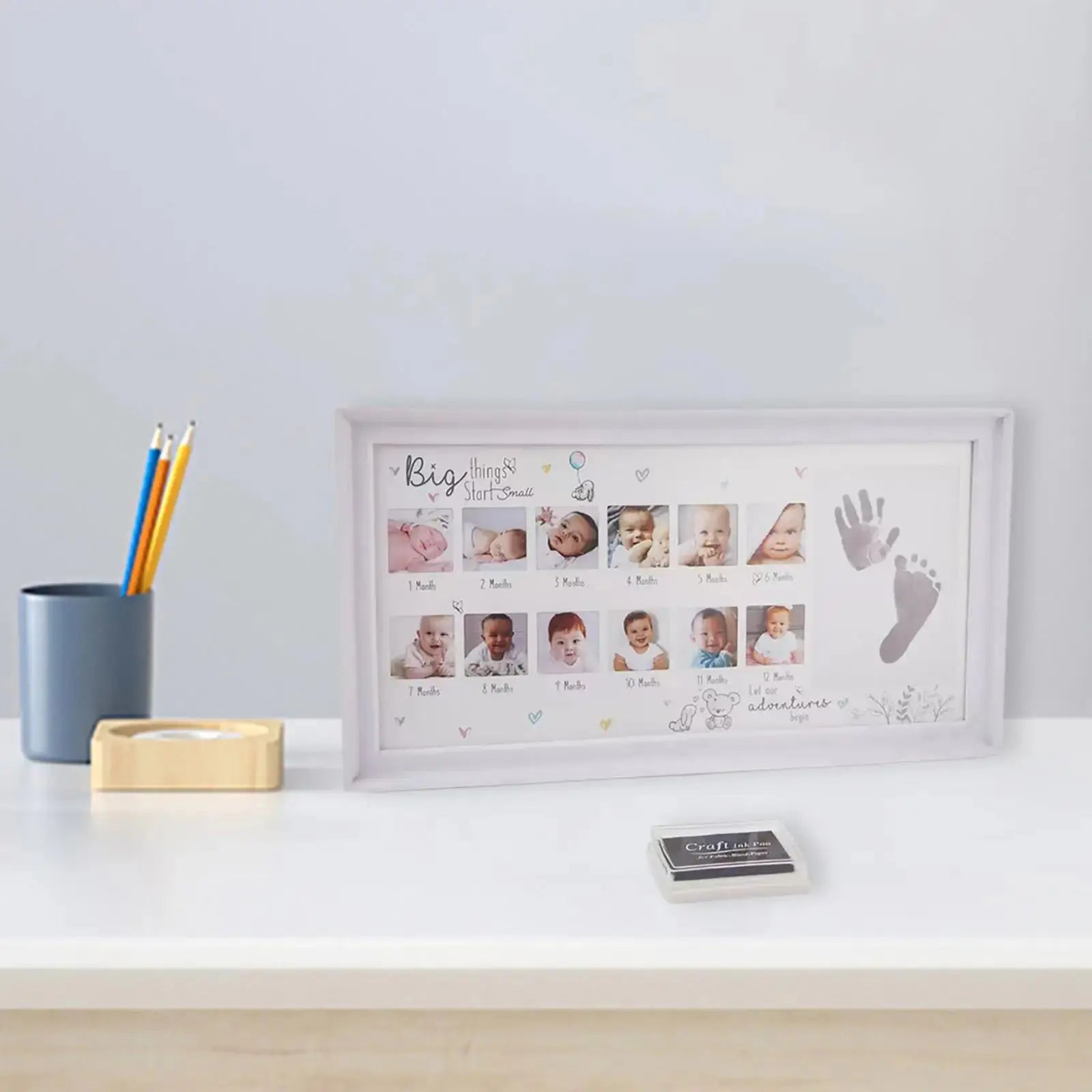 Baby Photo Frame Newborn DIY 0-12 Month Kids Gift My First Year Baby Shower Picture Frame with Ink Pad Footprint & Handprint Zenn Organics Inc