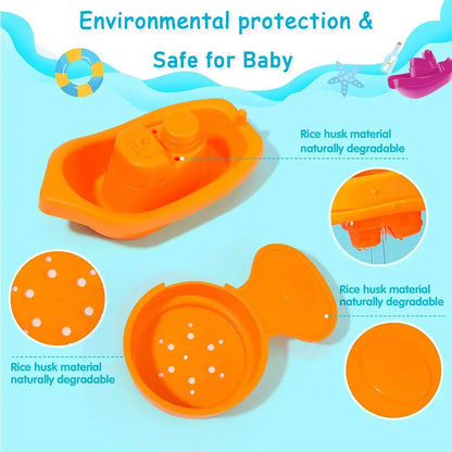 Colorful stacking boat and spoon toys for babies, featuring rainbow-colored cups and folding tower for early learning and fun.