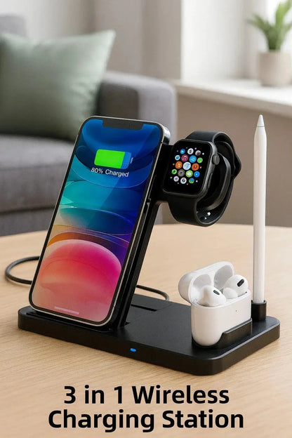 Zenn Organics Inc 4-in-1 wireless charging station with stand for smartphones, AirPods, and smartwatch on a sleek surface