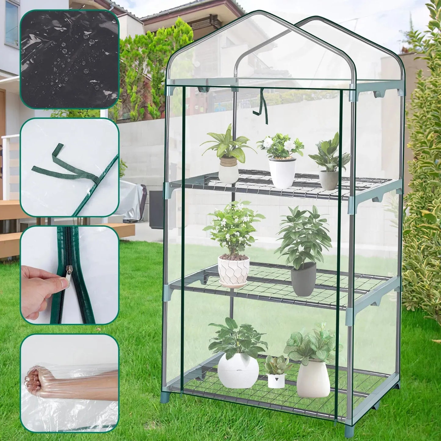 Garden Greenhouse 4 Tier Walk-in Green House Transparent Cover with Doors & Windows Small Waterproof Frost Without Iron Frame Zenn Organics Inc