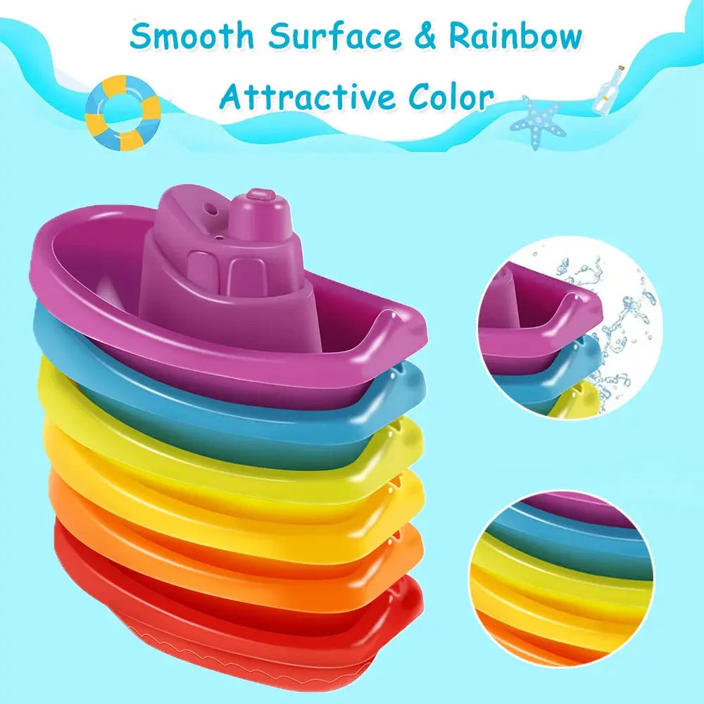 Colorful stacking boat and spoon baby bath toys from Zenn Organics Inc, designed for early education and developmental fun.