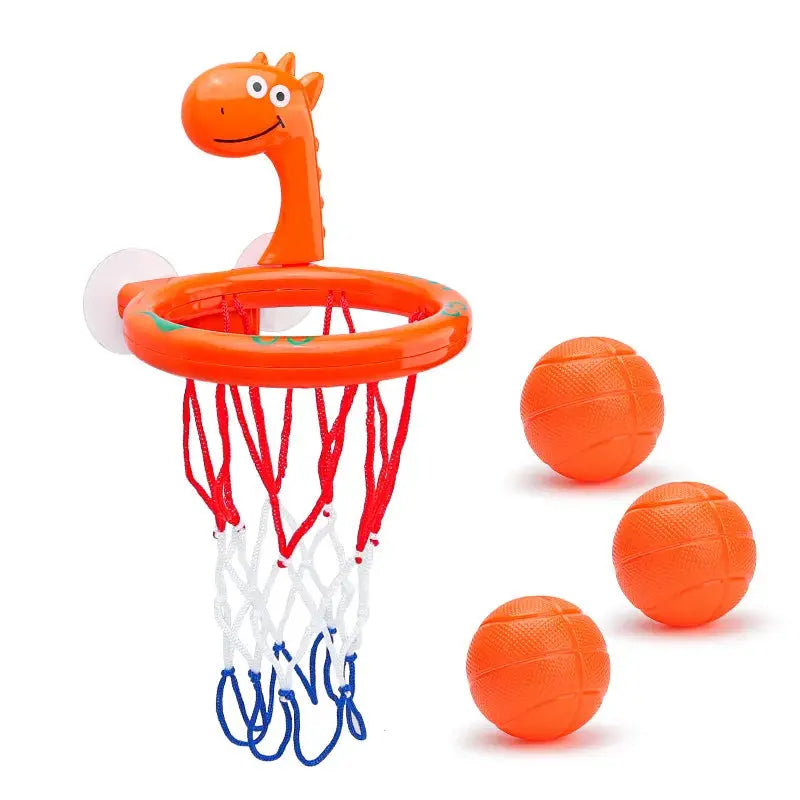 Baby bath toy set with suction cup basketball hoop and three balls, water play toys for kids in a bathroom bathtub.