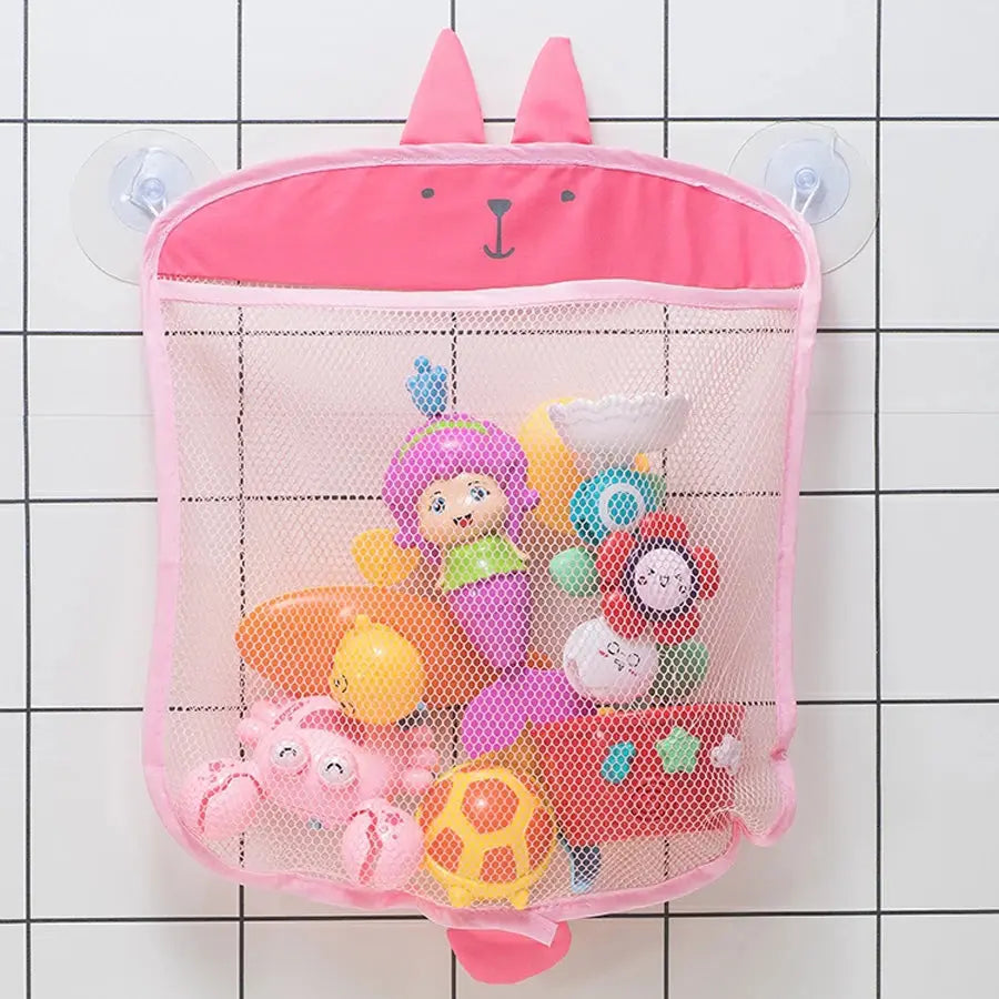 Baby shower bath toy storage mesh bag with cartoon animal shapes, designed for kids' bath toys and sand toys by Zenn Organics Inc.