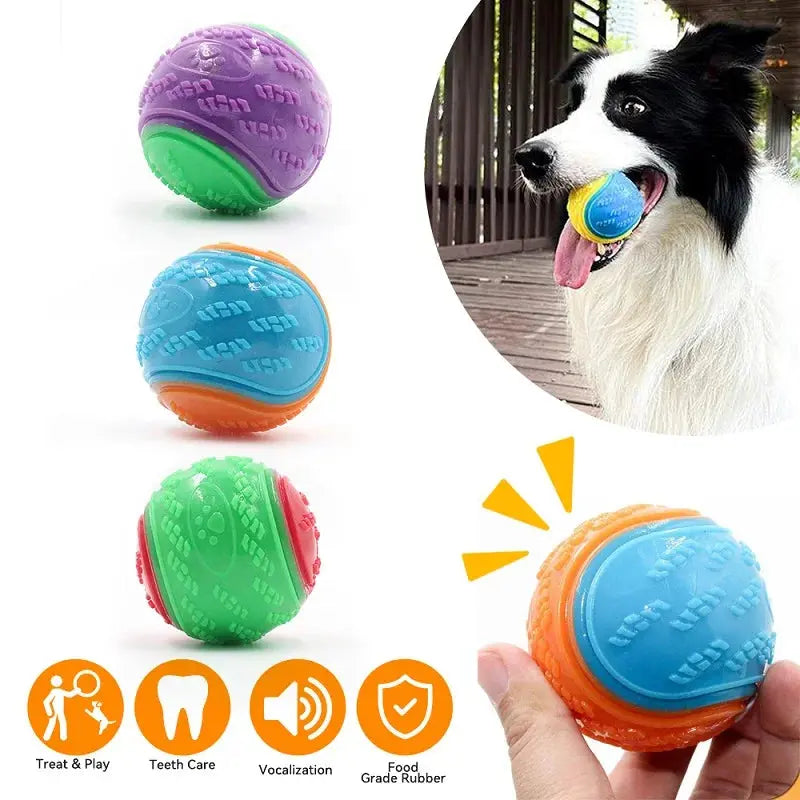 Zenn Organics Inc dog squeaky toy ball with soft TPR material, designed for teeth cleaning and bite resistance for pets.