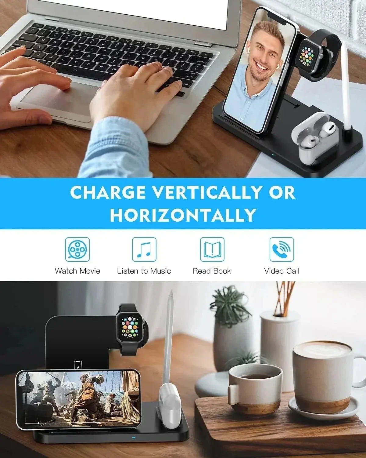 Zenn Organics Inc 4-in-1 wireless charging station stand for smartphones, smartwatches, and earbuds with sleek design and multiple charging pads.