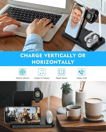 Zenn Organics Inc 4-in-1 wireless charging station stand for smartphones, smartwatches, and earbuds with sleek design and multiple charging pads.