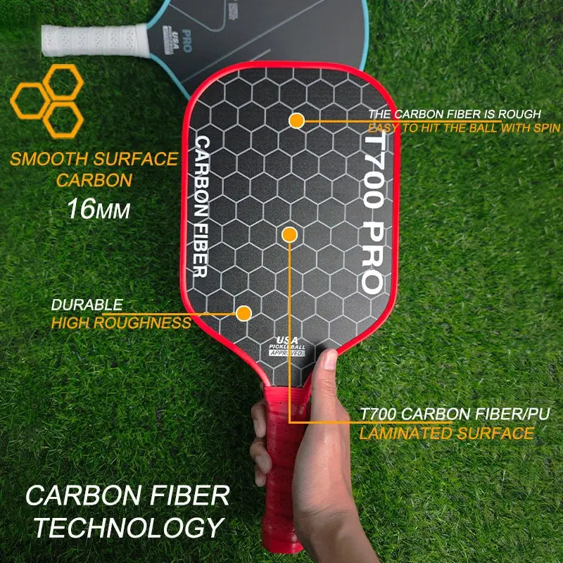 LEATOU T700 pickleball paddle by Zenn Organics Inc with carbon fiber surface and 16mm polypropylene honeycomb core, shown on white background.