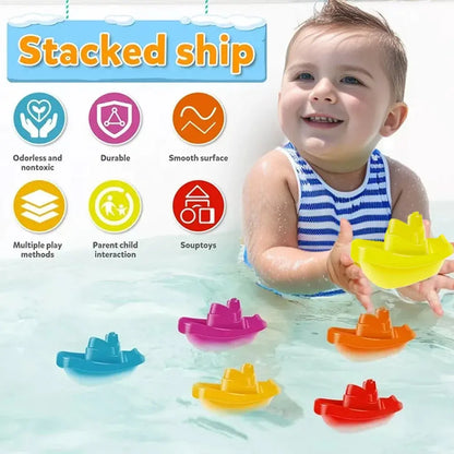 Colorful baby bath toys including stacking boat, spoons, and folding tower in rainbow colors for early learning and fun.