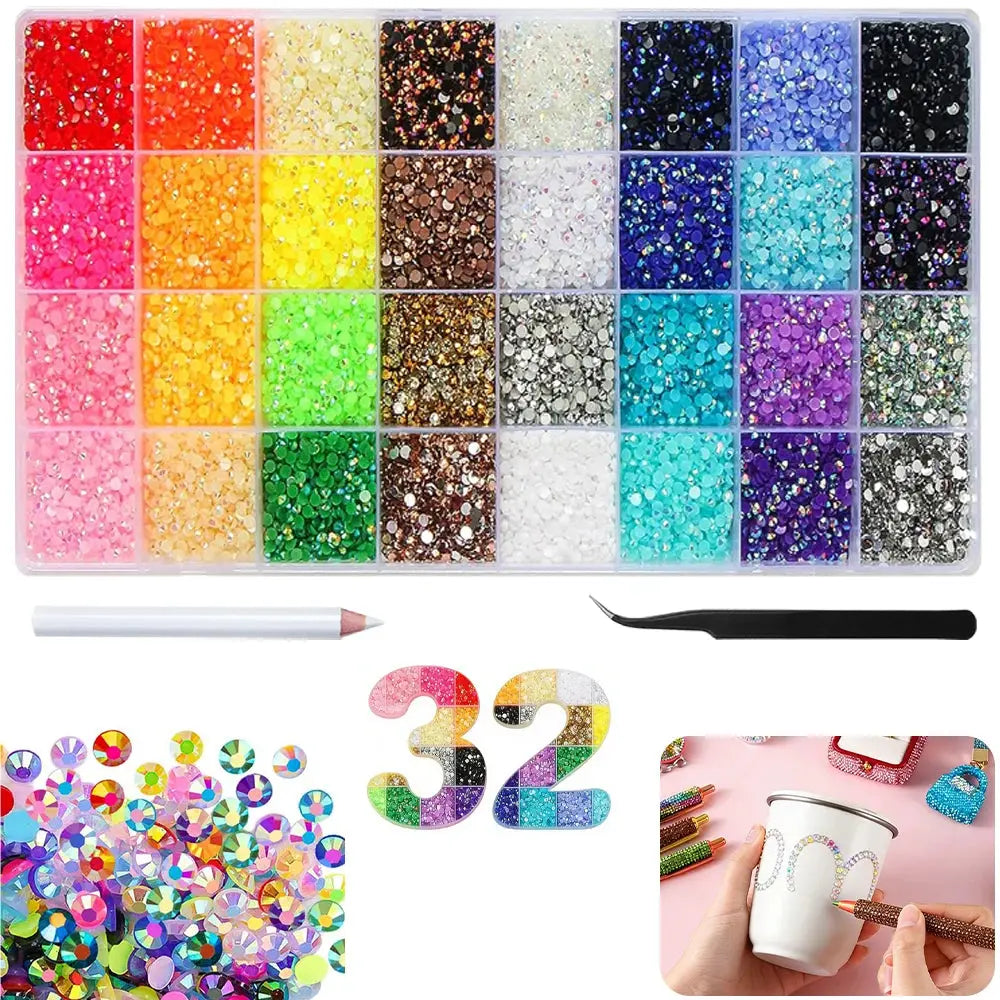 32 Colors Jelly Resin Rhinestones for Bedazzling, 3mm Multicolor Flatback Gems for Crafting,  with Clothes Shoes Nail Book Zenn Organics Inc