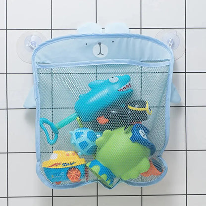 Zenn Organics Inc baby shower toy storage mesh bag with cartoon animal shapes for bath toys and sand toys, hanging in a bathroom.