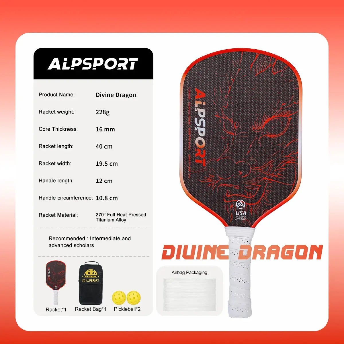 ALPSPORT Draca Pickleball Paddle 16mm Gen4 Core Thermoformed Titanium Alloy T800 Carbon Fiber Increases Spin & Power Zenn Organics Inc