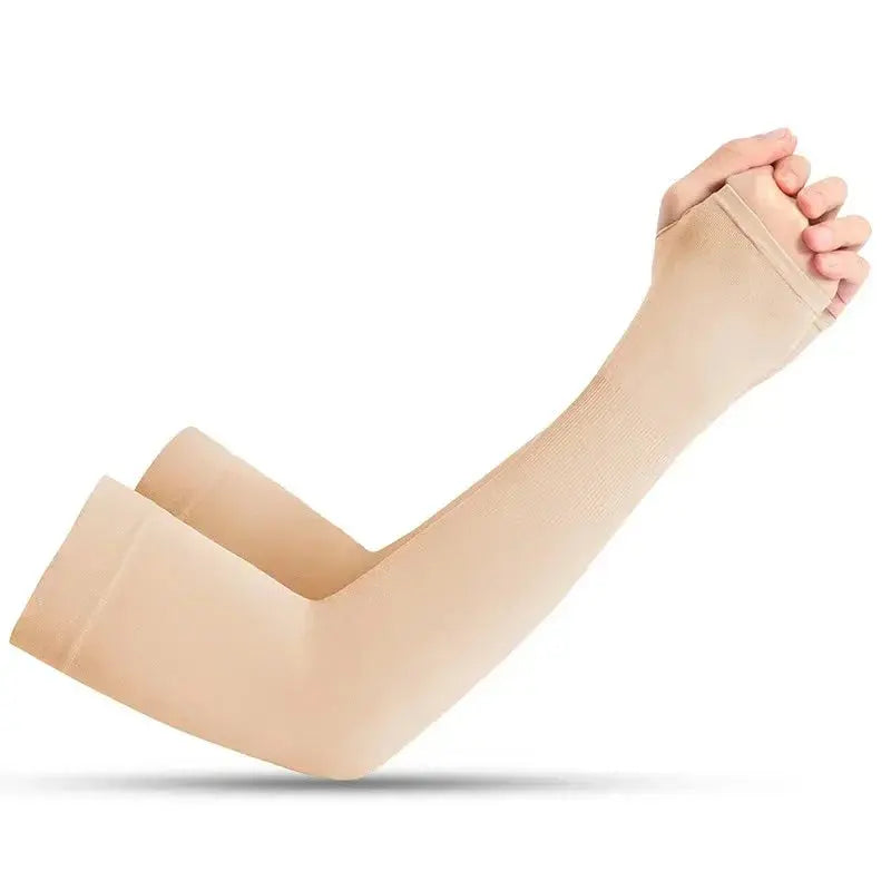 Pair of Zenn Organics Inc compression arm sleeves for men and women, designed for sun protection during sports and workouts.