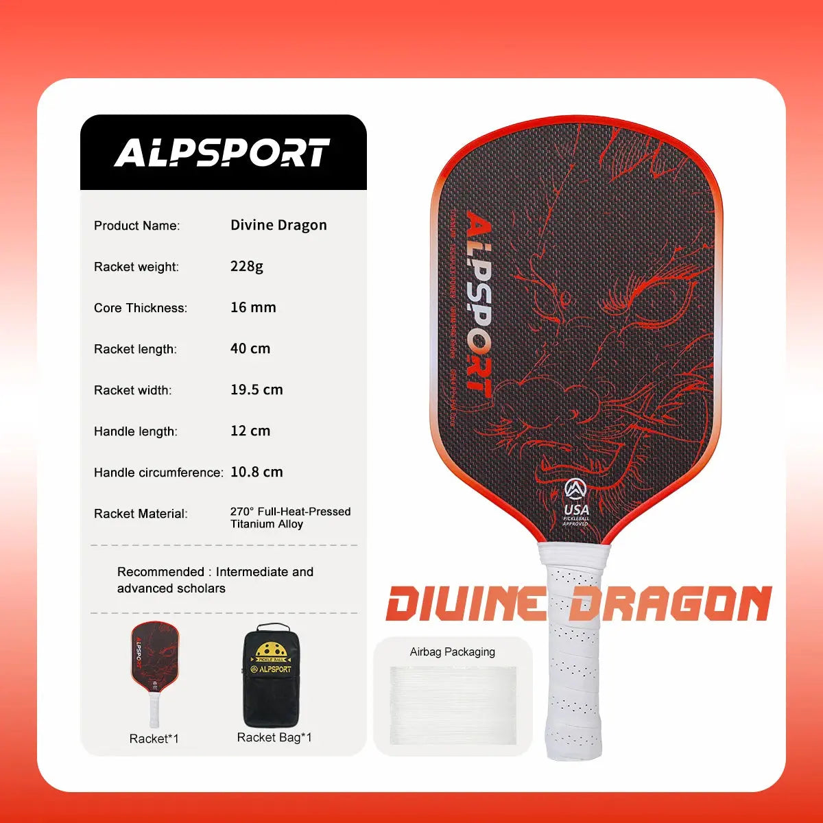 ALPSPORT Draca Pickleball Paddle 16mm Gen4 Core Thermoformed Titanium Alloy T800 Carbon Fiber Increases Spin & Power Zenn Organics Inc