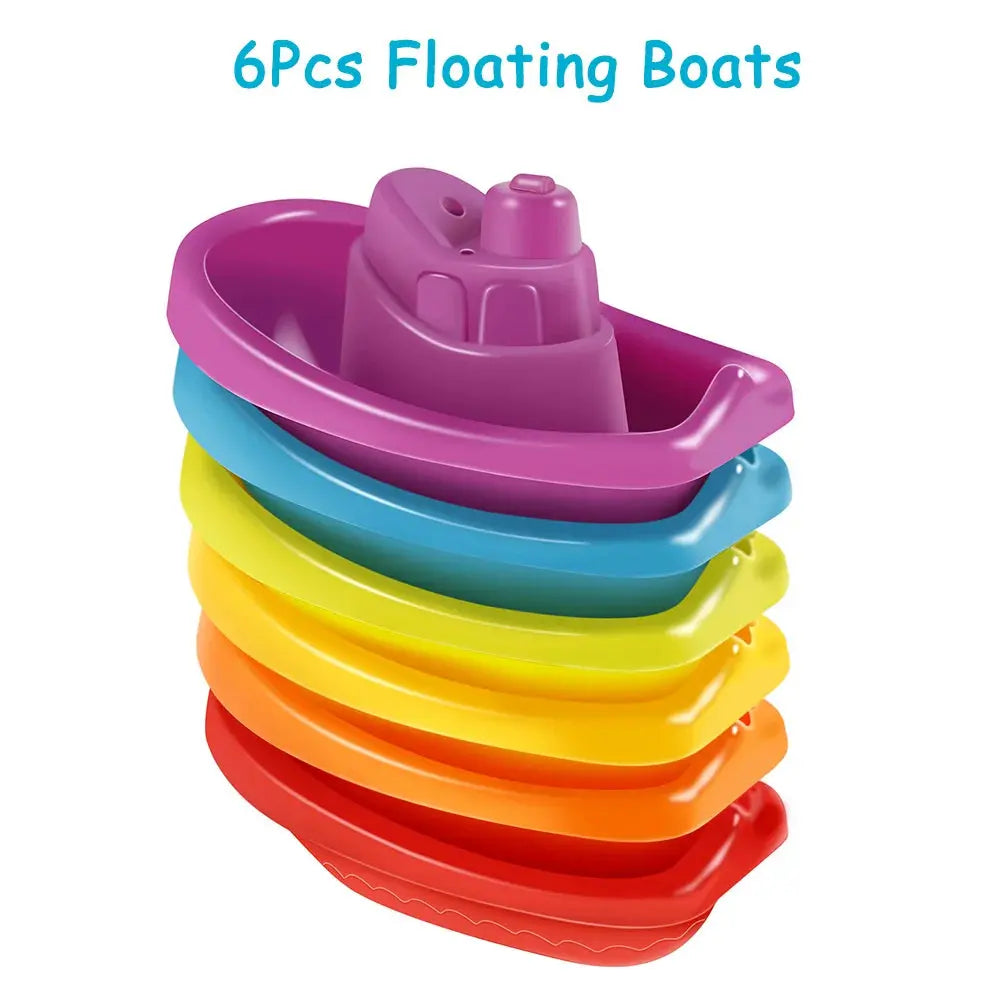 Colorful baby bath toys featuring stacking boat and spoons, ideal for early education and development, by Zenn Organics Inc.
