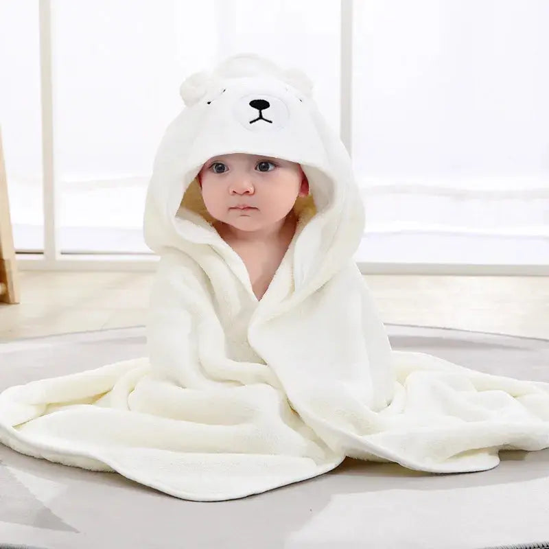 Super soft hooded baby bath towel and bathrobe with cartoon design, made by Zenn Organics Inc, 80x80cm, ideal for newborns.