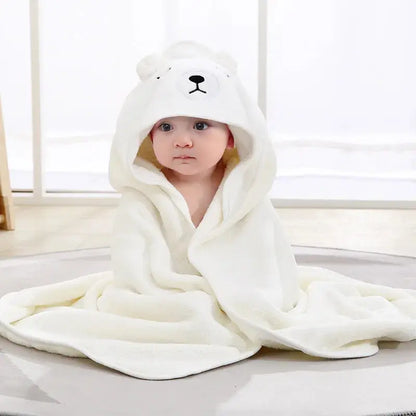 Super soft hooded baby bath towel and bathrobe with cartoon design, made by Zenn Organics Inc, 80x80cm, ideal for newborns.
