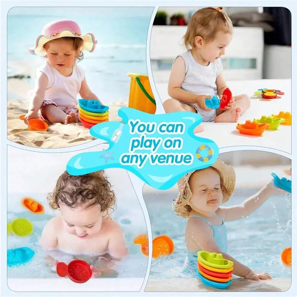 Colorful baby bath toys including stacking boat, spoons, and folding tower for early education and sensory play.