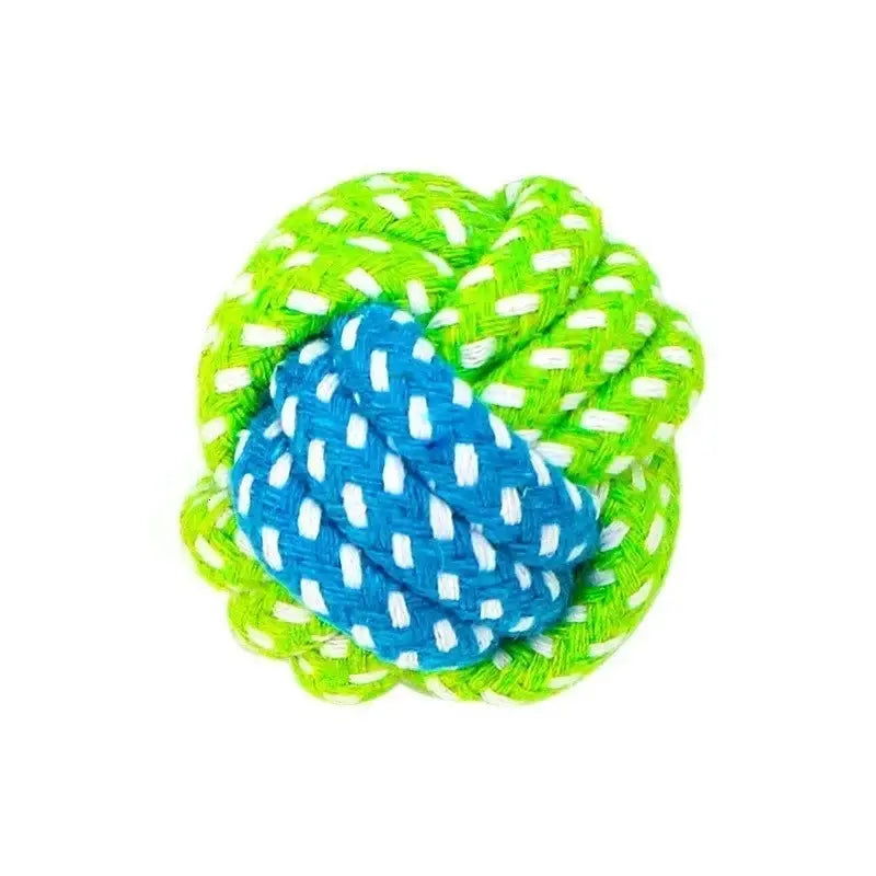 Interactive cotton rope dog toy by Zenn Organics Inc, suitable for large and small dogs, with a mini ball and toothbrush for chewing.