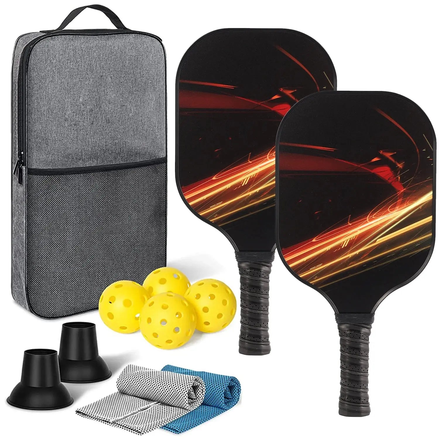 Set of USAPA approved Zenn Organics graphite pickleball paddles with beach tennis racquets for outdoor pickleball and beach tennis play.