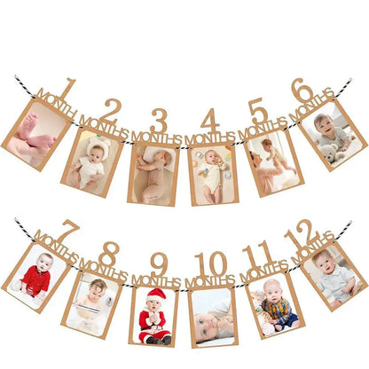 Baby First Birthday Banner, kraft paper Growth Record 1-12 Month Photo Props Baby Boy Girl Party Decoration Supplies Zenn Organics Inc