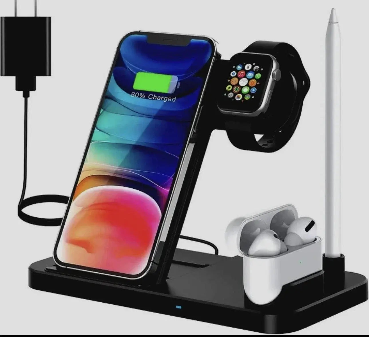 Zenn Organics Inc 4-in-1 wireless charging station with stand for smartphones, smartwatch, and wireless earbuds, sleek and modern design