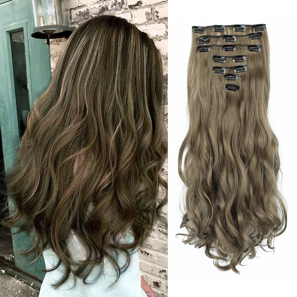 Clip In Hair Extensions 7 PCS Full Head 22 Inch Long Curly Wavy Synthetic Hair Pieces Natural Wavy For Women Girls Hair Zenn Organics Inc