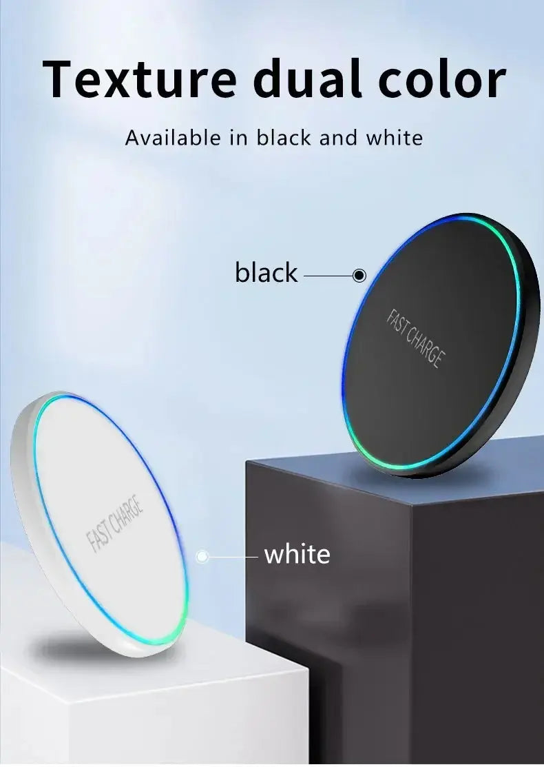 Wireless charger for phone, iPad, watch, and earphones from Zenn Organics Inc, showing the induction fast charging pad and dock station.