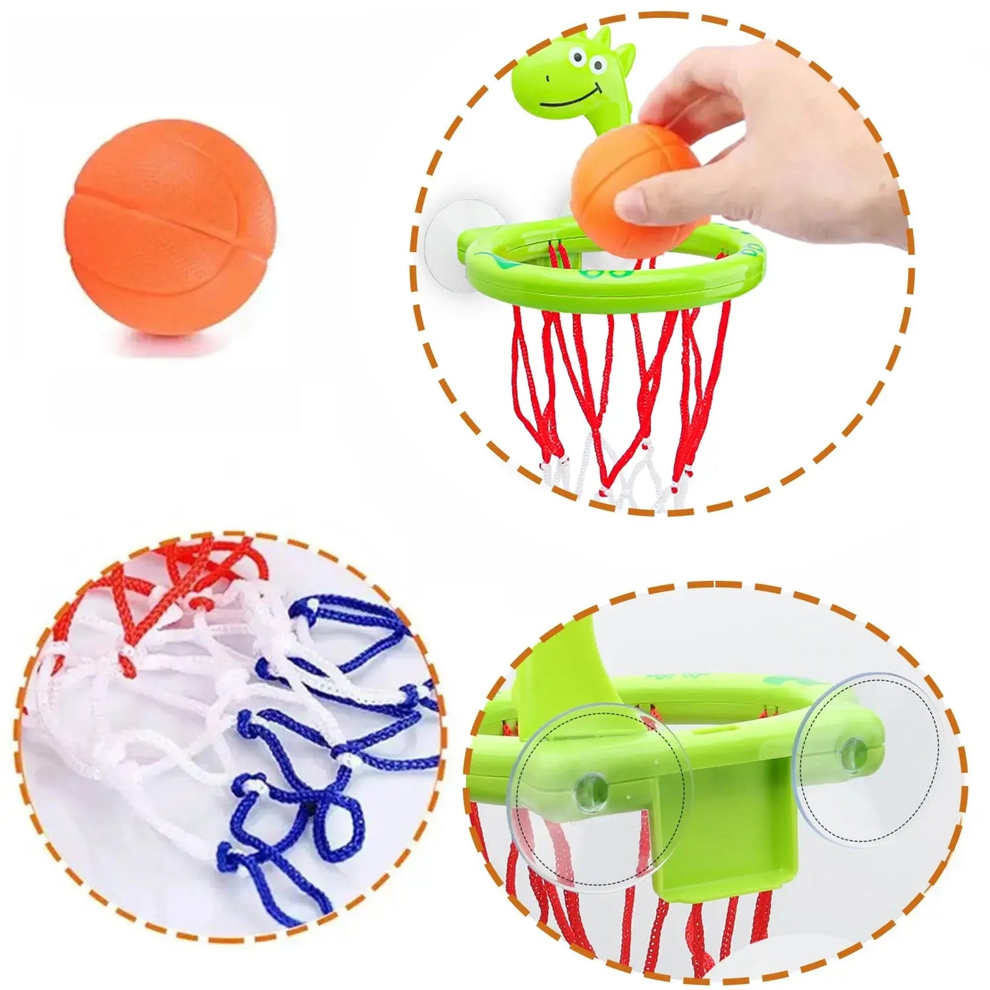 Baby bath toy set with suction cup basketball hoop and 3 balls, water play toys for kids in a bathroom bathtub.