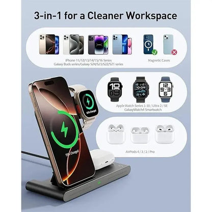 Zenn Organics Inc 4-in-1 wireless charging station stand with space for smartphone, smartwatch, earbuds, and accessories on a sleek surface.