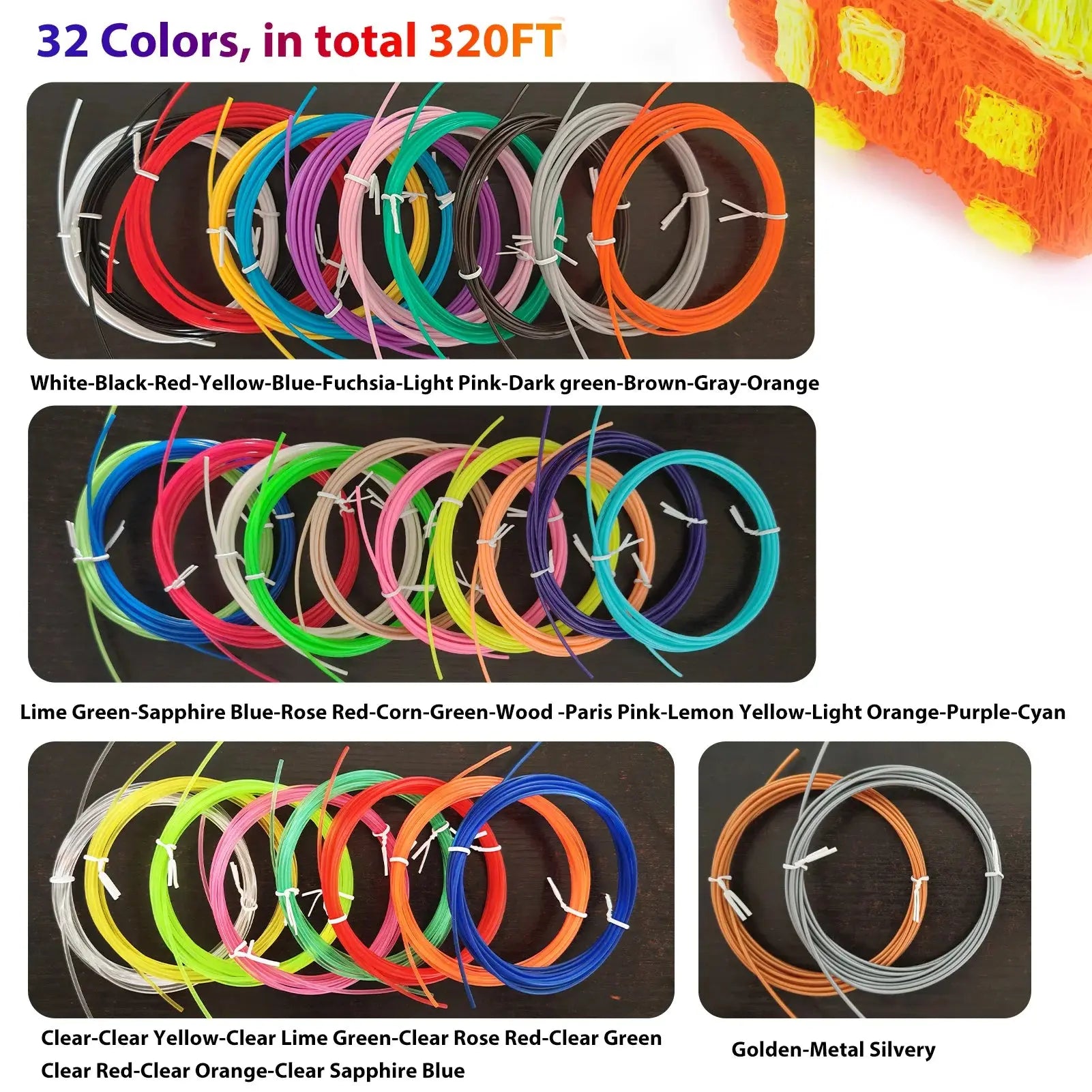 32 Colors 3D Pen Filament 1.75mm PLA, Each Color 10Feet(3m), Total 320 Feet (96m) 3D Pen Filament Refills, Random Color Zenn Organics Inc