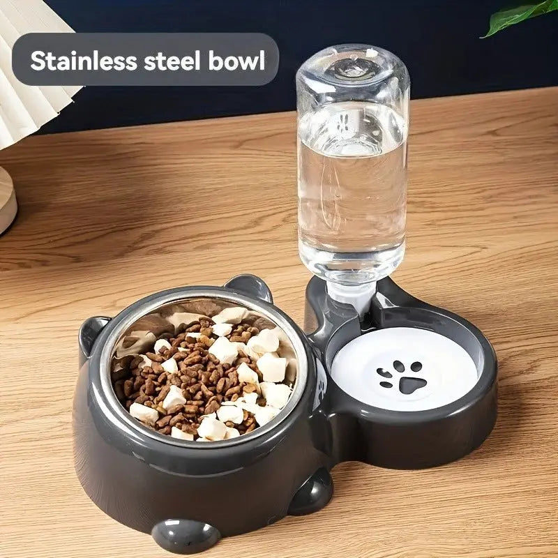 Zenn Organics Inc automatic pet feeder and water dispenser for cats and dogs with slanted mouth, no batteries or power needed.