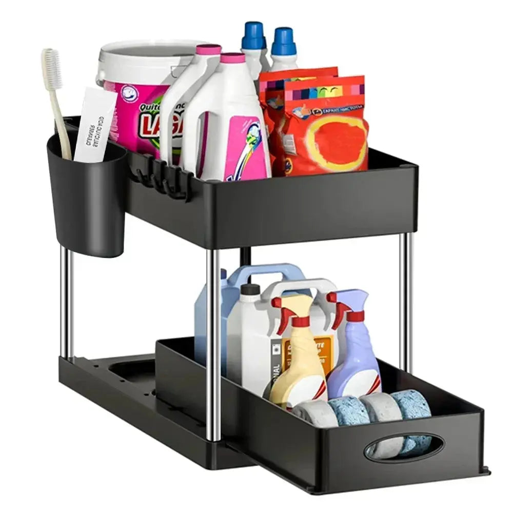 2 Tier Under Sink Organizer Sliding Cabinet Basket Organizer Storage Rack with Hooks Hanging Cup Bathroom Kitchen Organizer Zenn Organics Inc