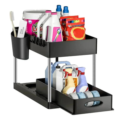 2 Tier Under Sink Organizer Sliding Cabinet Basket Organizer Storage Rack with Hooks Hanging Cup Bathroom Kitchen Organizer Zenn Organics Inc