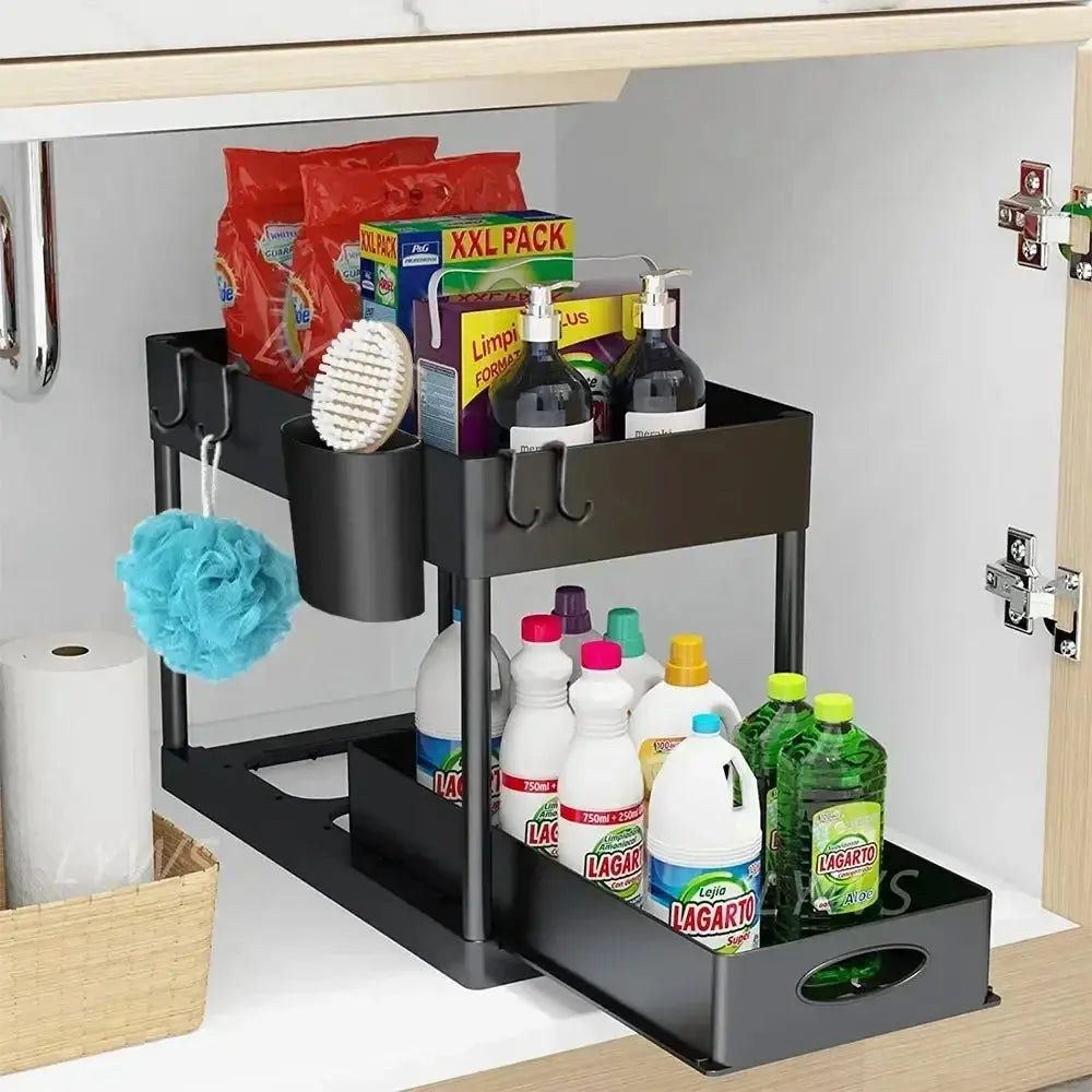 2 Tier Under Sink Organizer Sliding Cabinet Basket Organizer Storage Rack with Hooks Hanging Cup Bathroom Kitchen Organizer Zenn Organics Inc