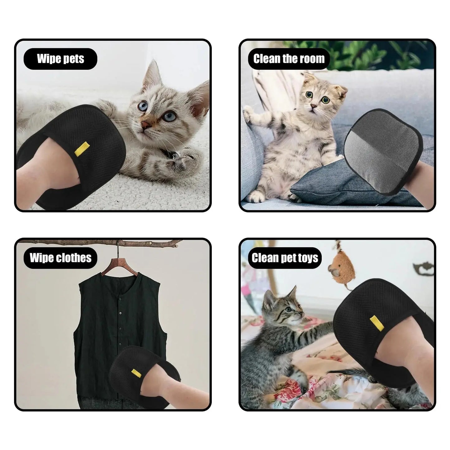 Reusable pet hair removal gloves by Zenn Organics Inc, double-sided grooming gloves for removing pet fur from carpets and furniture.