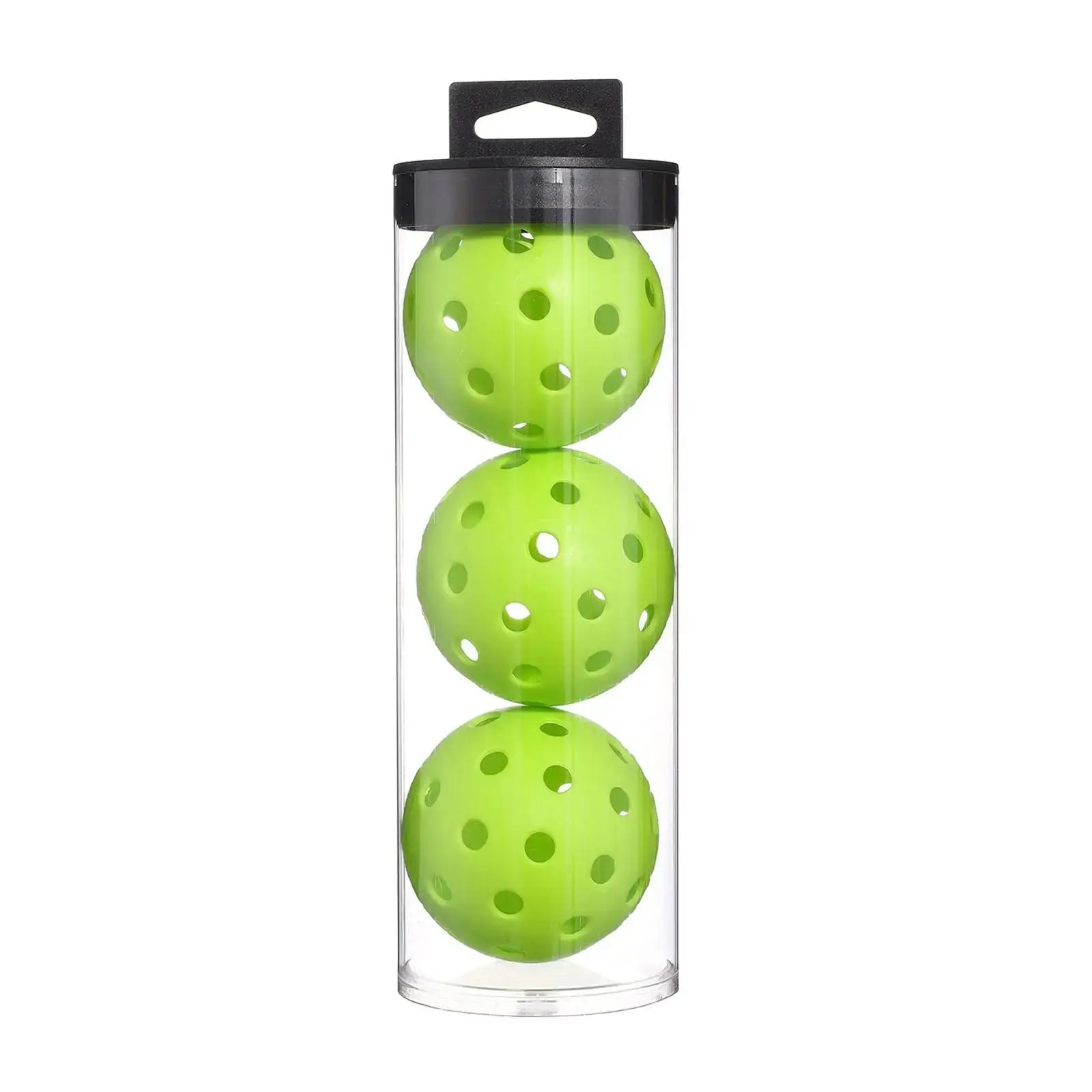 Three Pro Outdoor Pickleball Balls by Zenn Organics Inc, showing bright yellow API-printed pickleball balls on a court.
