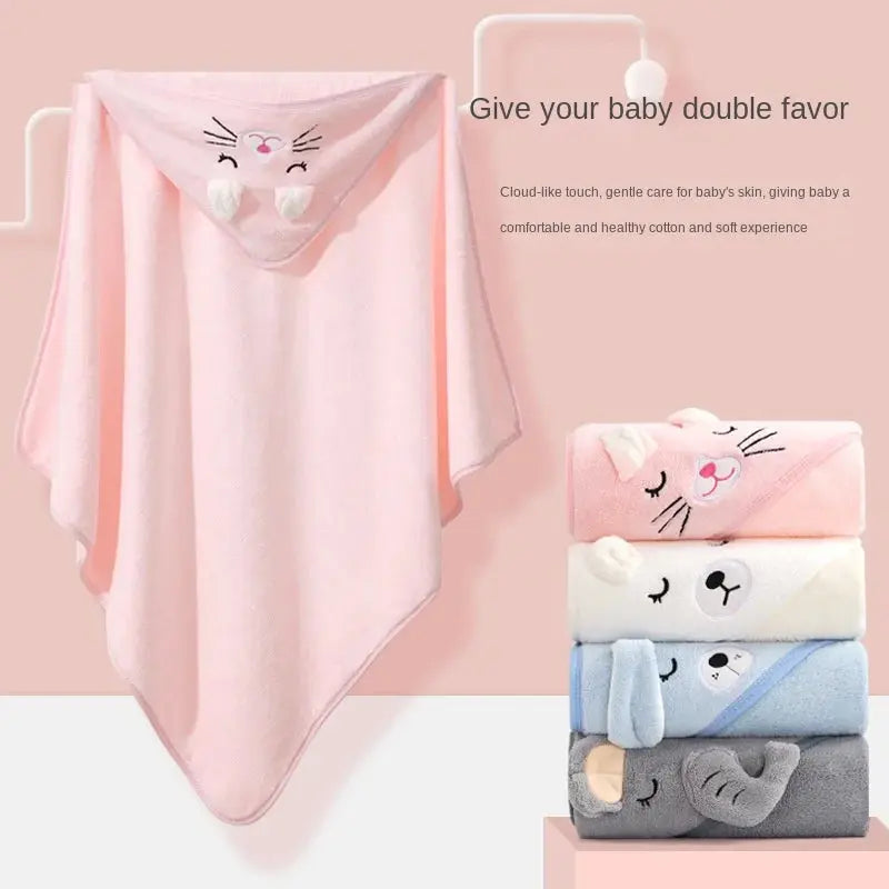 Super soft Zenn Organics Inc baby bath towel and hooded bathrobe with cartoon design, 80x80cm, made for newborns and children.