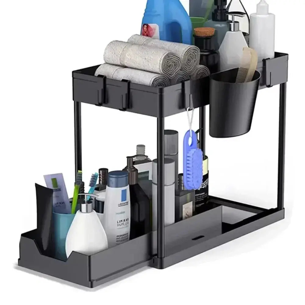 2 Tier Under Sink Organizer Sliding Cabinet Basket Organizer Storage Rack with Hooks Hanging Cup Bathroom Kitchen Organizer Zenn Organics Inc