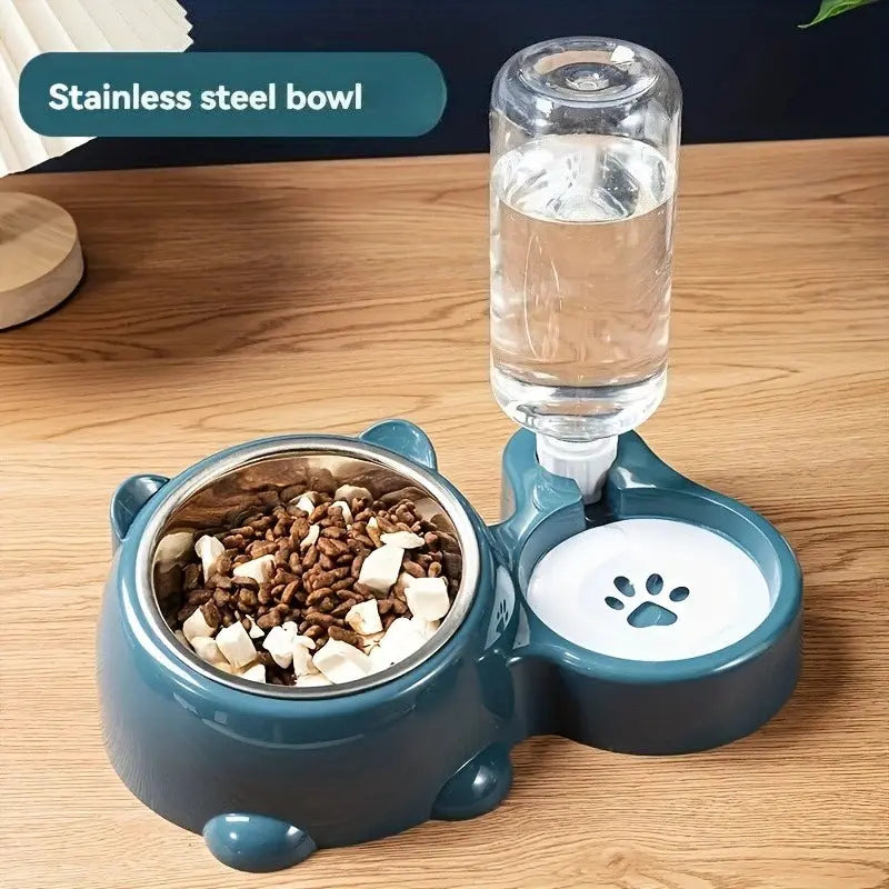Zenn Organics Inc automatic pet feeder and water dispenser for cats and dogs with slanted mouth, no batteries needed, integrated feeding system
