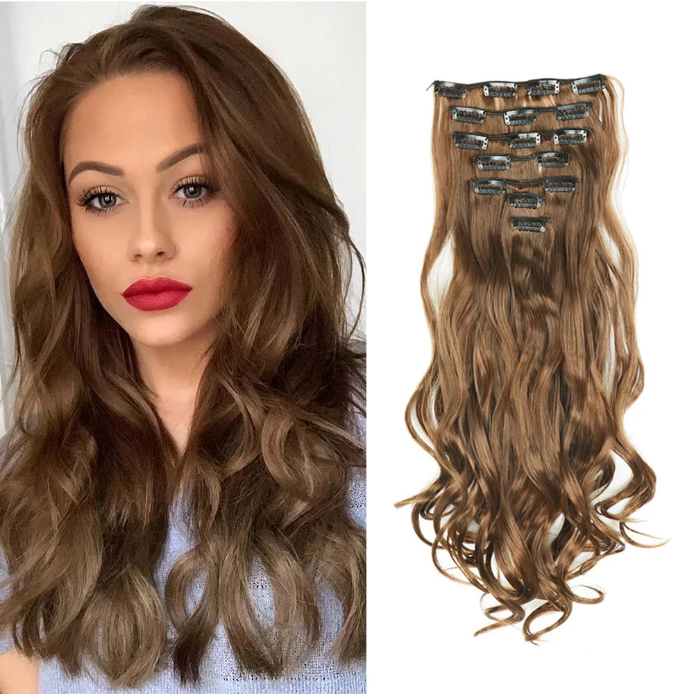 Clip In Hair Extensions 7 PCS Full Head 22 Inch Long Curly Wavy Synthetic Hair Pieces Natural Wavy For Women Girls Hair Zenn Organics Inc