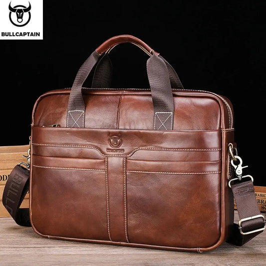 BULLCAPTAIN Leather Laptop Bag, Top Layer Leather 15" Laptop Bag Men's Laptop Briefcase Briefcase Work Business Travel Bag 053 Zenn Organics Inc