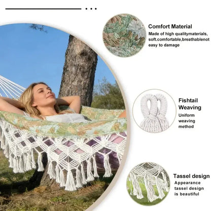 The new Bohemian-style fringed single-person and double-person hammocks are suitable for outdoor garden camping. They come with Zenn Organics Inc
