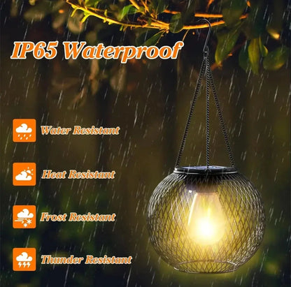 Outdoor solar lantern by Zenn Organics Inc, waterproof decorative hanging solar light for outdoor garden or patio illumination.