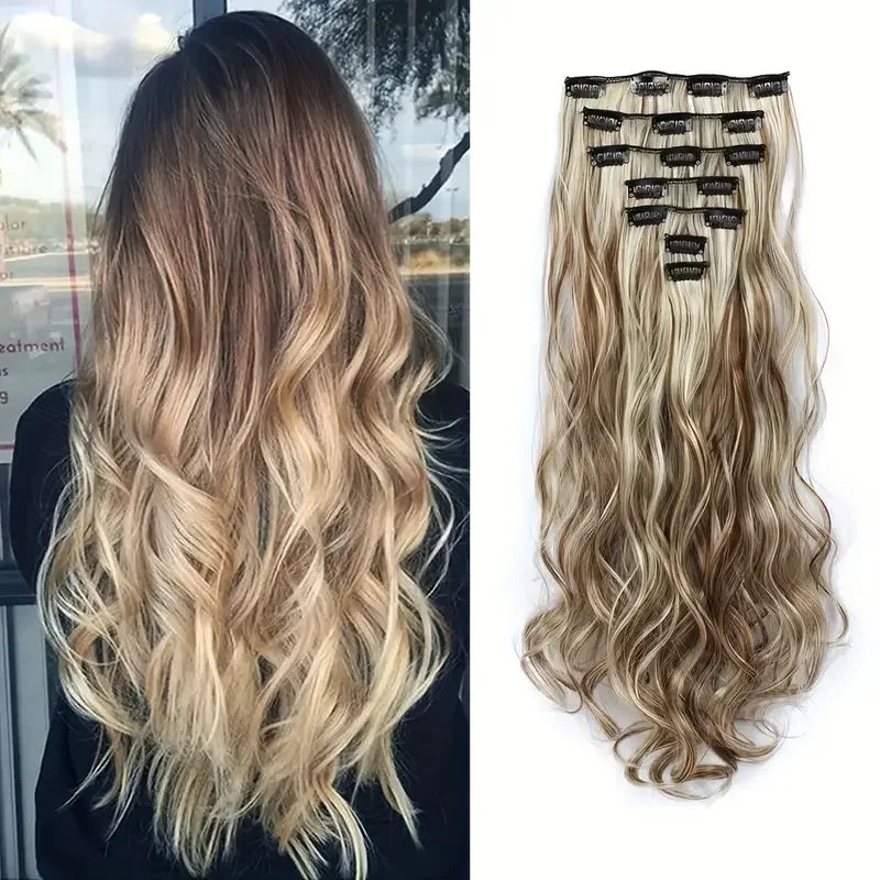 Clip In Hair Extensions 7 PCS Full Head 22 Inch Long Curly Wavy Synthetic Hair Pieces Natural Wavy For Women Girls Hair Zenn Organics Inc