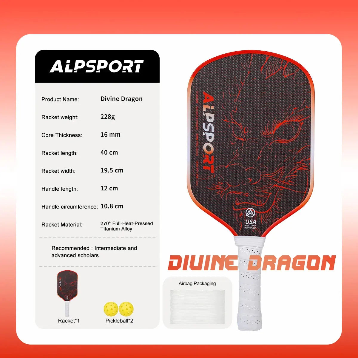 ALPSPORT Draca Pickleball Paddle 16mm Gen4 Core Thermoformed Titanium Alloy T800 Carbon Fiber Increases Spin & Power Zenn Organics Inc